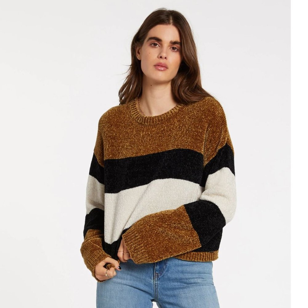 Volcom Bubble Tea Oversized Boxy Cropped Chenille Striped Sweater | S